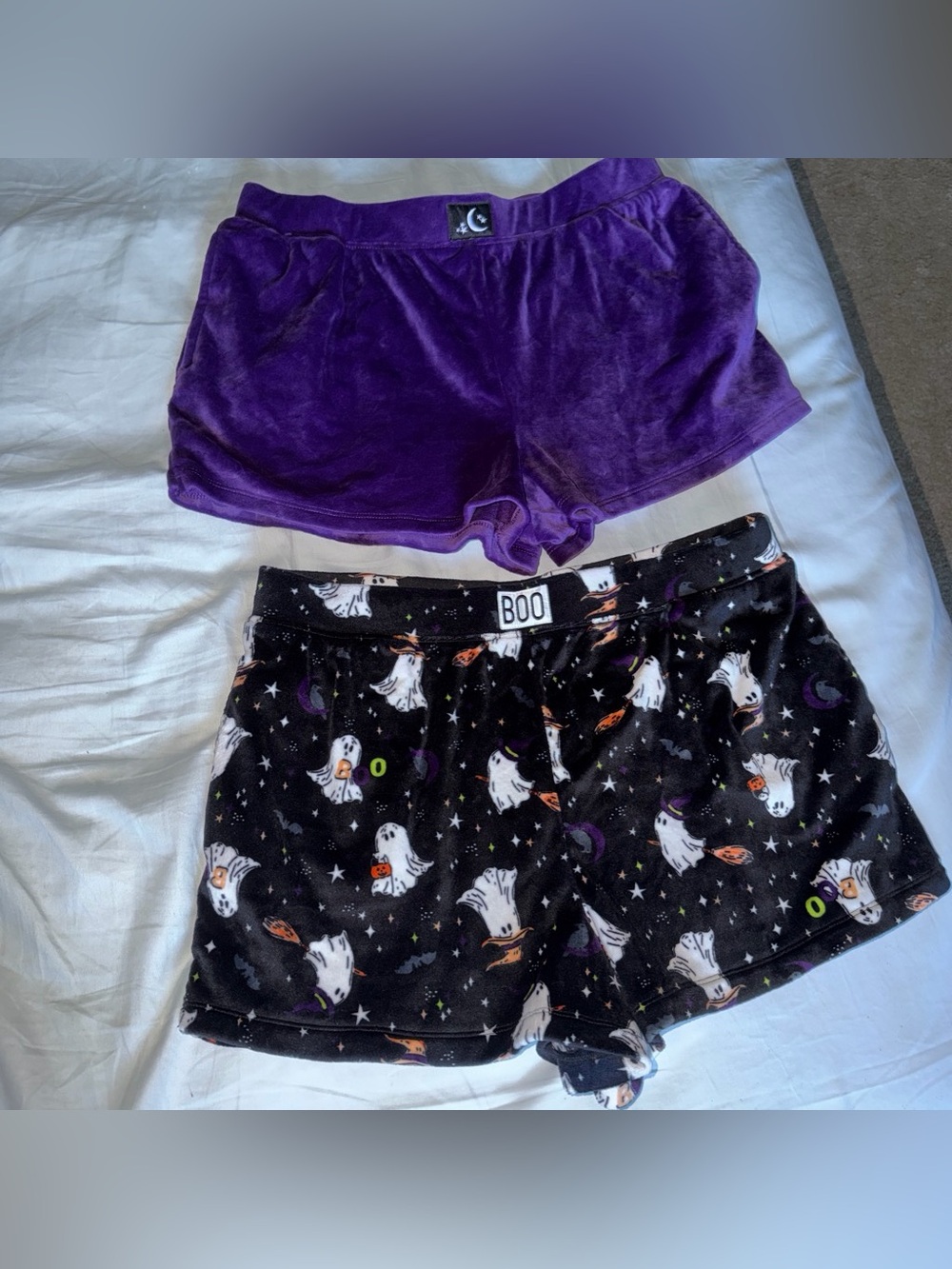 Women’s Plush Purple Lounge Shorts & Black Halloween Ghost Print Shorts